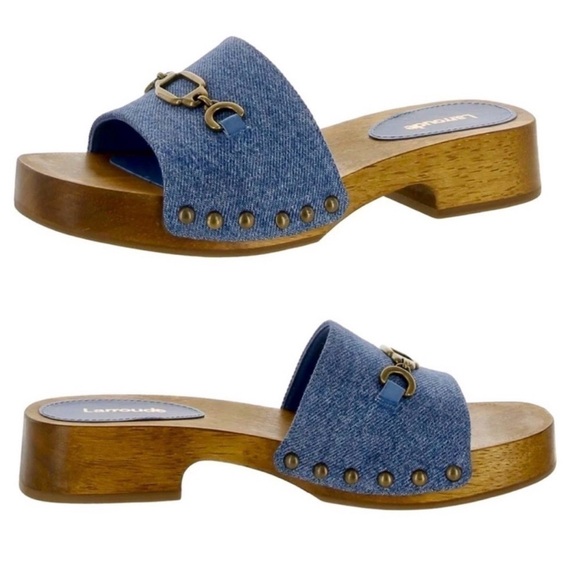 LARROUDE Blue Denim Horsebit Women's Slide Sandals - Picture 2 of 9